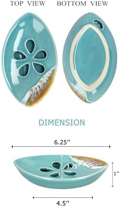 Ceramic Soap Dish with Self Draining Tray for Bathroom, Kitchen (Pastel Blue No.2), 6.25 x 3.75 x 1 inches (LxWxH), 1111