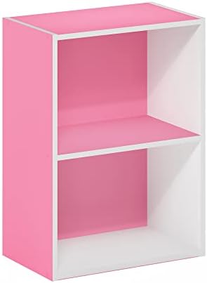 Furinno LUDER 2-Tier Book Shelf, Open Shelves Bookshelf, Pink/White