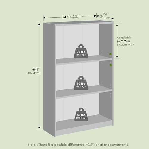 Frei Bookcases, Bookshelf, 40 Inch Tall 3 Tier Display Bookcase, with Adjustable Shelves, for Home Office, Living Room, 
