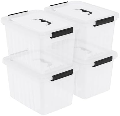 Plastic Storage Boxes with Lids, 4 Pack 20L Clear Bins
