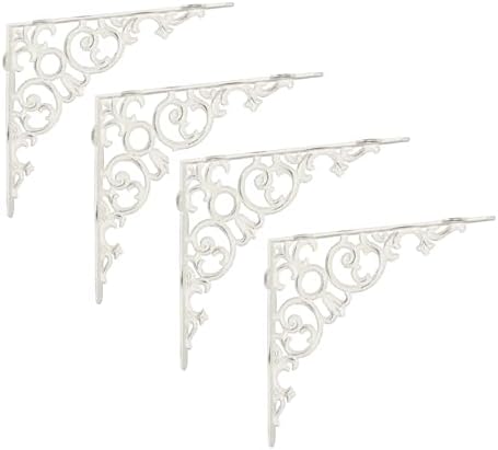 NACH Decorative Metal Shelf Brackets Set of 4, Antique White Cast Iron Shelf Brackets for Wood Shelves, Vintage Victoria