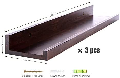 MBYD Picture Ledge 3 Same Dimensions, 24 Inch Deep Walnut Solid Wooden Shelves for Wall, Wall Mount Floating Nursery She