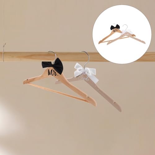 ABOOFAN Bride and Groom Hangers, 2 Pack Wooden Wedding Dress Hanger for Gown and Tuxedo, Mr and Mrs Set with Bow Tie, Non-Slip Shoulder Notches, Photography Prop and Keepsake
