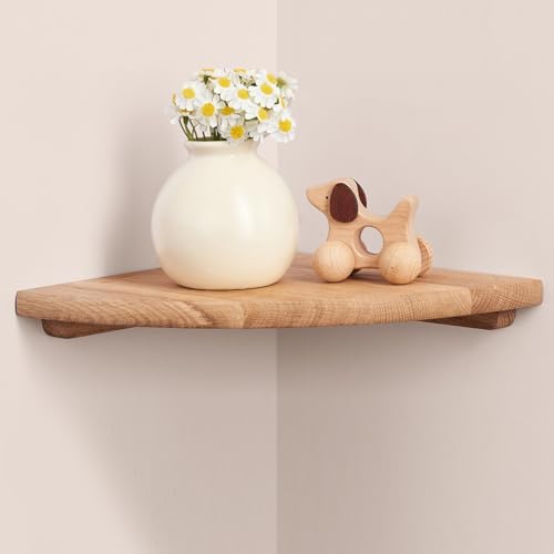 Gieanoo Corner Floating Shelf 7inch Solid Oak Wood Floating Corner Shelf with Wire Hole Corner Wall Mount Storage Displa