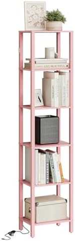 Open Book Shelf with LED Lights, 6 Tier Tall Bookshelf, Freestanding Shelf Narrow Bookcase with Open Shelves, 14.57" x 1