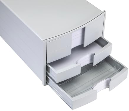 HAN IMPULS 2.0 Drawer Box with 3 Closed Drawers for DIN A4/C4 Including Labelling Labels, Document Box, Base with Pull-Out Lock, Furniture Friendly Rubber Feet, 1017-11, Light Grey