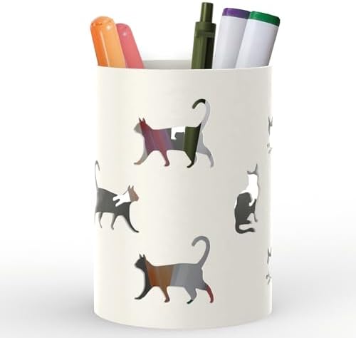 Mango Steam Metal Pen Holder, Makeup Brush Cup Organizer for Office, Bathroom, Vanity (White, Cat)…