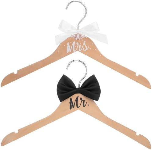 Beeveer 2 Pcs Bride Groom Wooden Hangers Bow Tie Wedding Gift,Mr.&Mrs