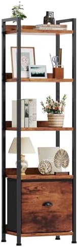 DUMOS 5 Tier Bookshelf with Fabric Drawer, Display Standing Shelf, Brown