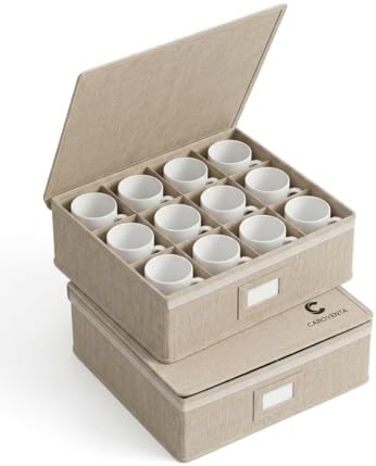 Mug Storage Box Set of 2 with Lid – 12 Compartment Coffee Cup Organizer for Cabinet & Pantry – Stackable Linen-Style Sto