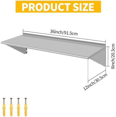 12" D x 36" W Stainless Steel Wall Mounted Shelves, Floating Shelving with Brackets, Commercial Shelf Perfect for Restau
