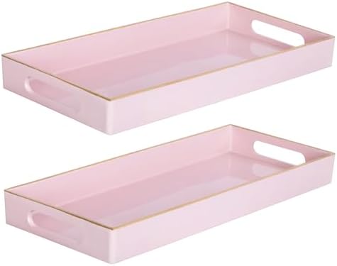 MAONAME Pink Vanity Tray Set of 2, Rectange Toilet Tank Trays with Handles