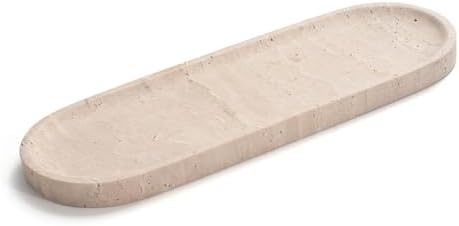 Oval Travertine Stone Tray for Jewelry, Candles, Perfume, Decorative Marble Bathroom Tray for Countertop Organizer 11.8i