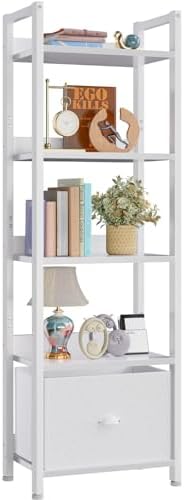 Furologee 5 Tier Bookshelf with Fabric Drawer, Tall Narrow Bookcase, White