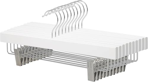 Amazon Basics Durable Wooden Pants and Skirt Hangers with Clips,Closet Organizer,White,(Pack of 60)