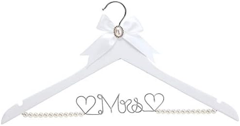 White Solid Wood Bridal Dress Hanger with Lady Wire Lettering for Bridal Wedding Party Gift (Pearl Silver Thread and Whi