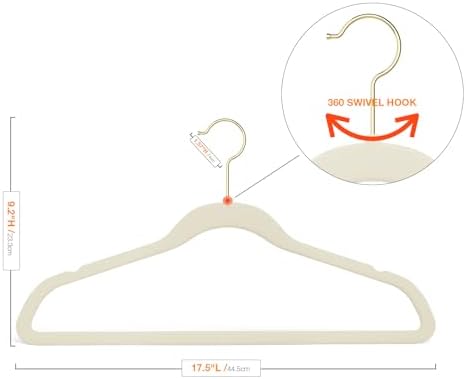 Korpai 50 Pack Beige Velvet Hangers,Felt Hangers with Gold 360°Swivel Hook,Coat Hanger Non Slip,Heavy-Duty,Space Saving,Slim Clothes Hangers for Pants,Outfit,Skirts,Suits,Coats,Dresses ect.