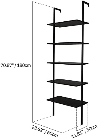 Karl home Dark Walnut 5 Tier Wall Mount Ladder Shelf, Metal Frame Bookcase