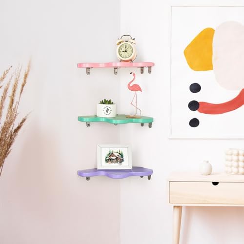 Cute Wavy Corner Shelf Wall Mount, Set of 3 Wood Floating Cloud Corner