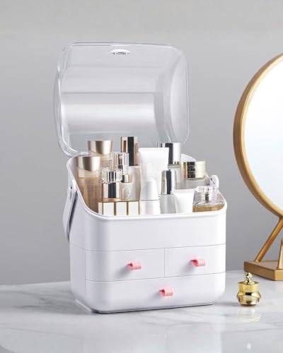 LINFIDITE Cosmetic Storage Box with Lid Makeup Organizer Box with Dust Free Cover Portable Handle,Large Makeup Display C