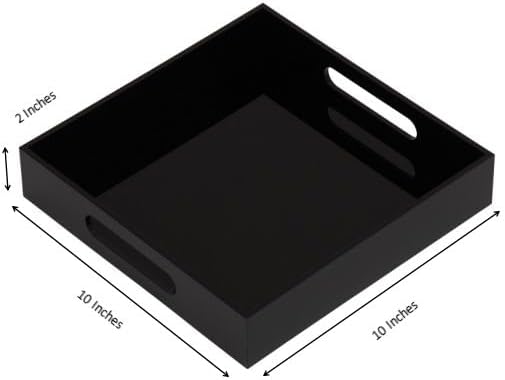 KEVLANG Glossy Black Sturdy Acrylic Serving Tray with Handles-10x10Inch-Serving Coffee,Food,Breakfast,Butler-Kitchen Countertop Tray-Makeup Drawer Organizer-Vanity Table,Ottoman Tray-Decorative Tray