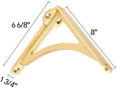 Khtumeware 100% Solid Brass Decorative Shelf Brackets, 8-inch Wall-Mounted Shelving Brackets, 2-Pack Antique Gold Vintag