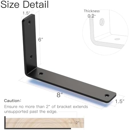 4 Pack 8 Inch Floating L Shelf Brackets for DIY, 1/5 Inch Thick, Black