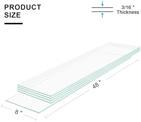 08" W x 48" L - Tempered Rectangle Glass Shelf Without Frame (5 Pieces Set) - 3/16" Thick -Pencil Polished