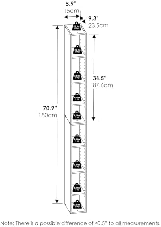 Furinno Fulda Book Shelf, 8-Tier Bookshelf, Bookcase with Space Saving Storage Shelf, 9.2 x 5.9 x 70.9, for Living Room,