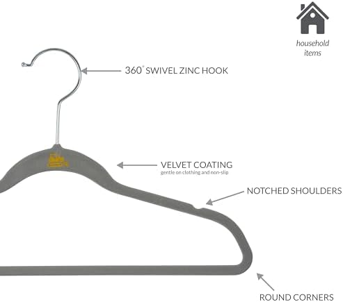 Simplify 25 Pack Kids Velvet Hangers | Slim | Non-Slip Design | Space Saving | Childrens Clothes | Shirts | Pants | Dresses | Baby Nursery | Closet Storage & Organization | Light Grey