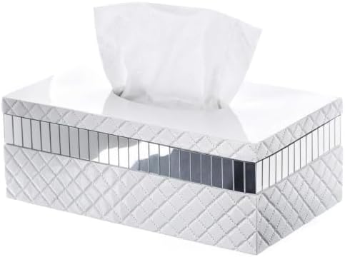 Creative Scents Quilted Mirror Rectangle Tissue Box Cover - White Tissue Box Holder Rectangular for Bathroom with Durabl