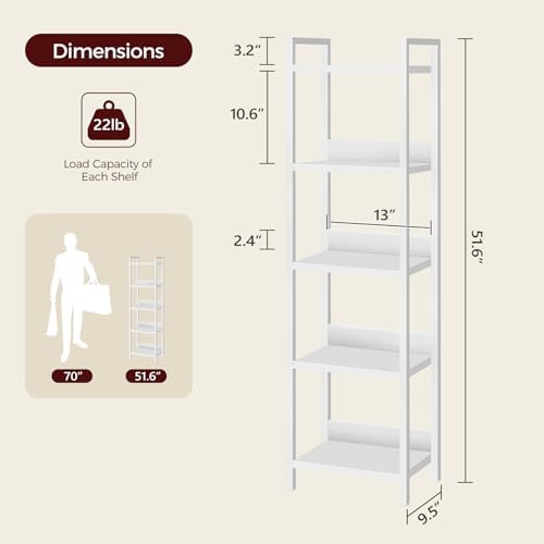 MAHANCRIS Bookshelf, 5-Tier Bookcase, Standing Book Shelf for Small Space, Storage Shelf Organizer, for Living Room, Bed