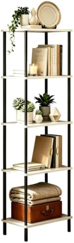 5 Tier Corner Bookshelf,Wooden Standing Shelf Unit with Metal Frame,Anti-Tip Design Narrow Storage Organizer for Small S
