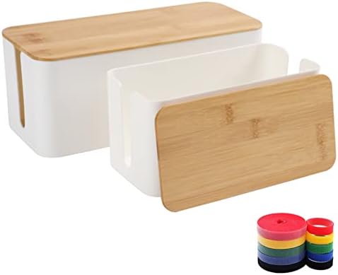 Cable Management Box Organizer, Set of 2 Bamboo Lid Large Storage Wire Holder to Conceal Hide Surge Protector, Power Str