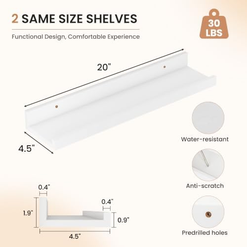 Dreamland Picture Ledge Shelf for Wall, Floating Shelves Set of 2,20 inch Long Floating Shelves with Lip for Living Room,Bedroom,Bathroom,Kitchen,White