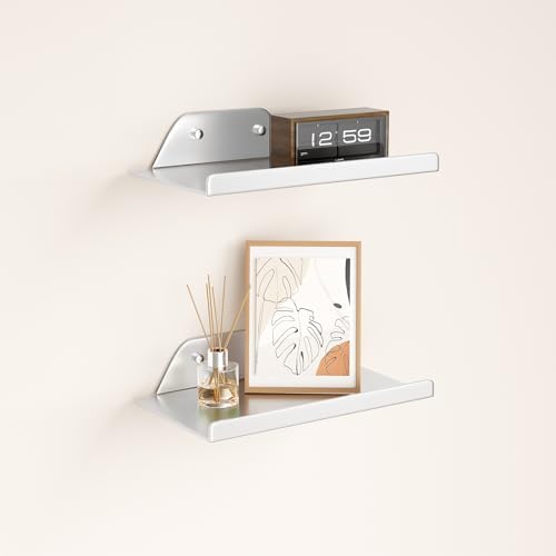 Floating Shelves for Wall, Off Center Metal Shelves for Living Room, Silver Floating Shelves for Wall Decor, 8” Hanging 