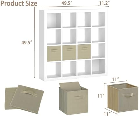 furtble Bookshelf with Storage Bins, 16-Cube Storage Organizer with Back Panels, Modern Wood Open Bookcase, Multifunctio