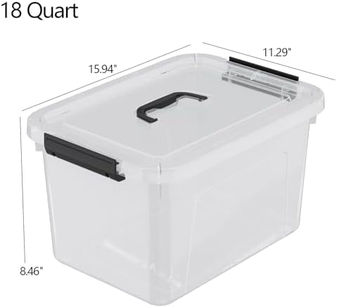 Quickquick 18 Quart Plastic Clear Latching Storage Bin with Handle, 4 Packs