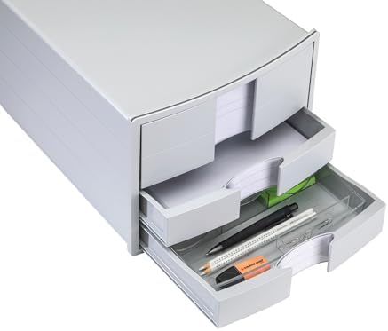 HAN IMPULS 2.0 Drawer Box with 3 Closed Drawers for DIN A4/C4 Including Labelling Labels, Document Box, Base with Pull-Out Lock, Furniture-Friendly Rubber Feet, 1017-12, White