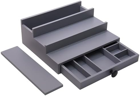 3 Tier Men's Cologne Organizer, Gray Wooden Display Stand with Drawer