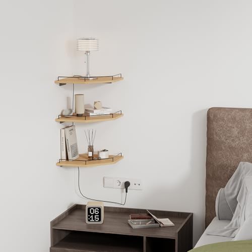 JJL Corner Shelf Wall Mounted, 12 Inches 3-Tier Floating Corner Shelf, Hexagon Rustic Wood Decor with Fence, Natural Woo