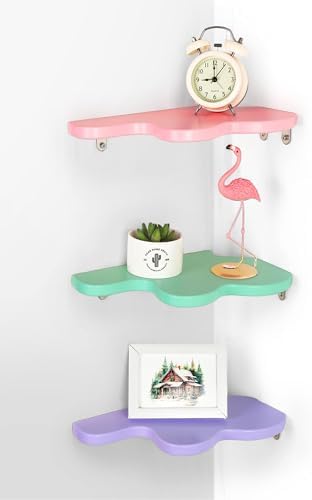 Cute Wavy Corner Shelf Wall Mount, Set of 3 Wood Floating Cloud Corner