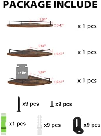 HORLIMER 3 Pack Floating Corner Shelf Wall Mount with Fence, Brown