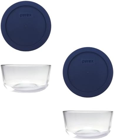 Pyrex (2 7201 4-Cup Glass Bowls with (2) 7201-PC Blue Lids - Made in USA