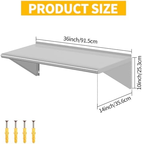14" D x 36" W Stainless Steel Wall Mounted Shelves, Floating Shelving with Brackets, Commercial Shelf Perfect for Restau