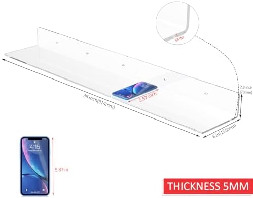Sezanrpt 36 Inches Acrylic Wall Shelves 2 Pack, Floating Shelf for Wall Mounting, Acrylic Display Ledges for Funko Pop Figures, Home Décor, Living Room, Gaming Room, Plants(36 inch, Clear)