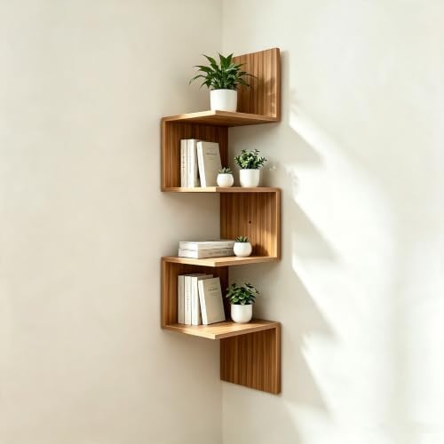 Premium Bamboo Floating Corner 4-Tier,Corner Shelf Wall,7.8"Lx7.8"Wx40.1H