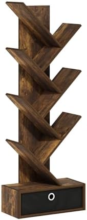 Furinno Tree Book Shelf, 7-Tier Bookshelf, Tree Bookcase with Bin Drawer, 8.4 x 16.9 x 46.2, for Living Room, Bedroom, H