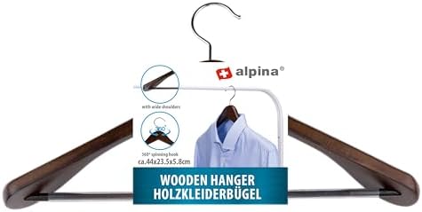 alpina Wooden Clothes Hanger - 1 Piece Clothing Hanger - with Wide Shoulders and Anti-Slip - 44 x 23.5 x 5.8 CM - Suitab