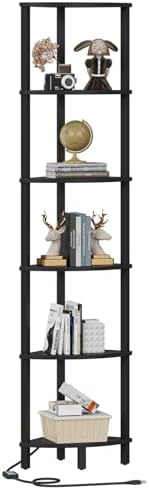 VIMBER 6-Tier Corner Shelf with LED Light, Industrial Corner Ladder Shelf, Rustic Display Shelf for Living Room, Bedroom